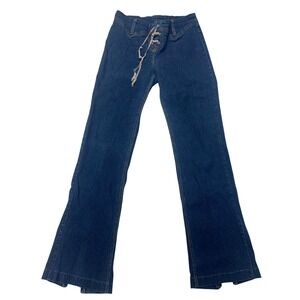 VTG Kik Girl Jeans Blue Wide Leg Lace Up Front Beaded 90 Y2K Rave Denim Women 28